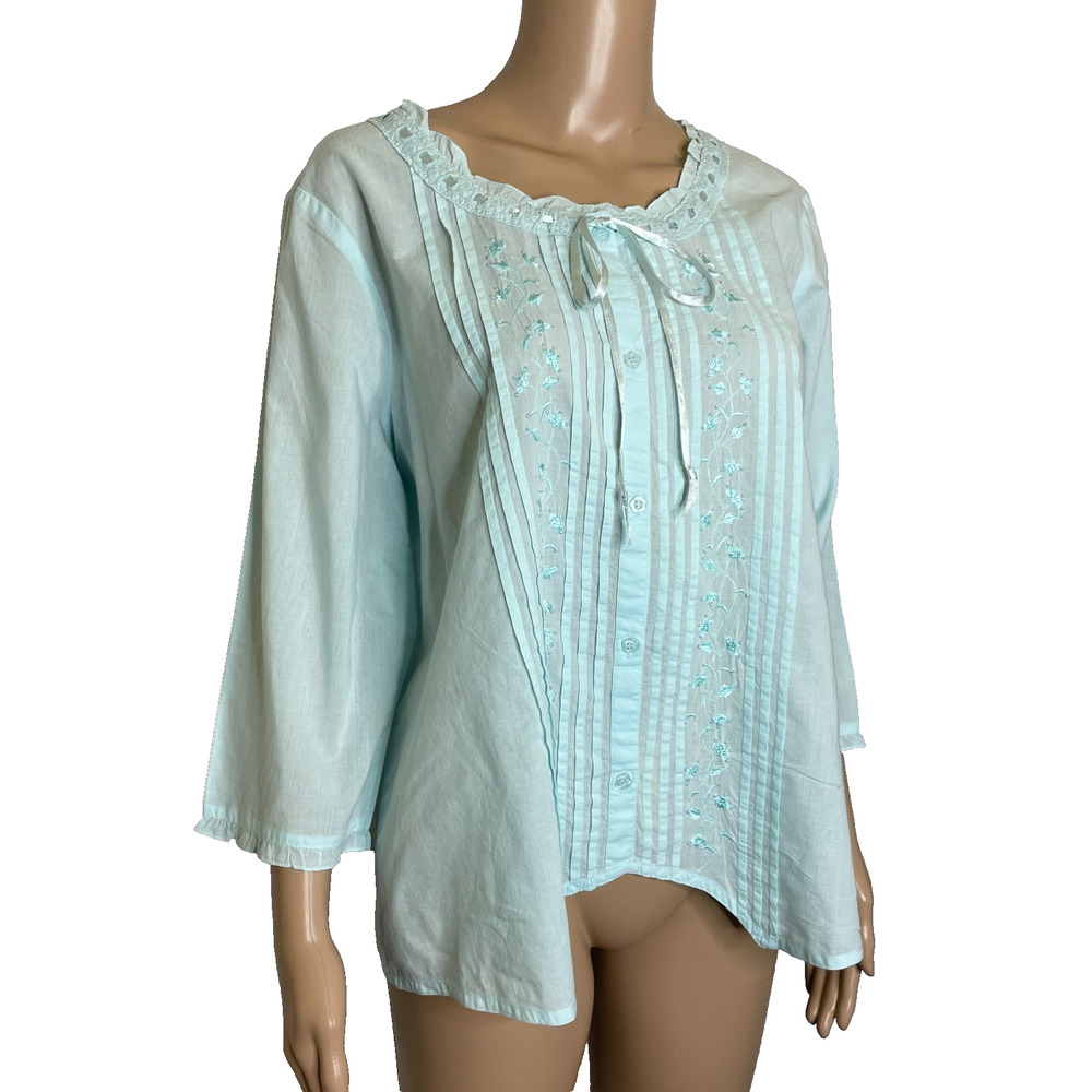 Women's Large Ella Simone Blue Button Front Bow Pleat Cotton Pajama Set - Picture 3 of 10